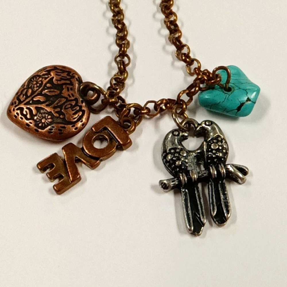 Charm Necklace Love, Birds, Heart, Turquoise
